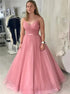 Straps A Line Pink Backless Tulle Pleats Prom Dress LBQ3805